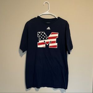 University of Michigan Adidas American Flag Block M Blue Tshirt.